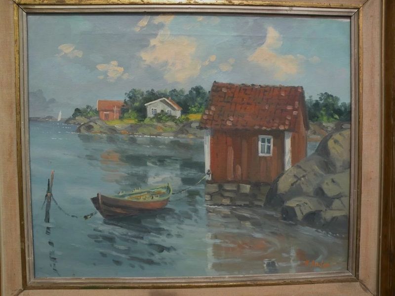 Signed impressionist European art landscape of lakeside summer cottages