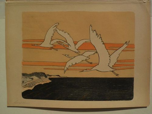 WALTER LEISTIKOW (1865-1908) German art pencil signed lithograph print "Cranes"