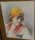 Antique Italian art fine watercolor painting of a young woman