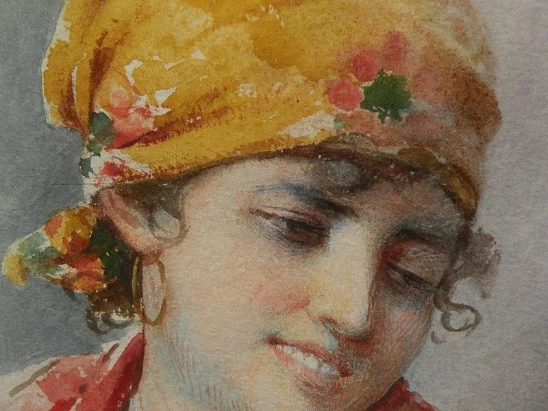 Antique Italian art fine watercolor painting of a young woman