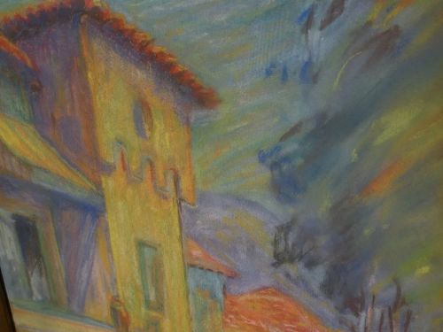 Impressionist pastel drawing of figures and architecture by California artist FREDERICK MILLSON