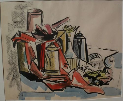 Modernist still life watercolor and charcoal painting cubist inspired