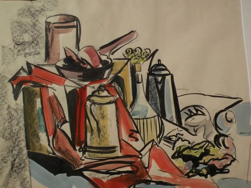 Modernist still life watercolor and charcoal painting cubist inspired