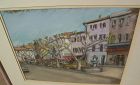 Pastel drawing of French street with outdoor tables dated 1986