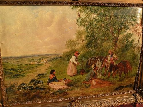 Fine circa 1860 English landscape painting of figures in extensive landscape