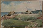 Fine watercolor painting of a ranch at the coast possibly Hawaiian or Australian