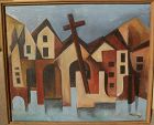 Southwestern American art 1981 modernist painting of buildings and Christian cross