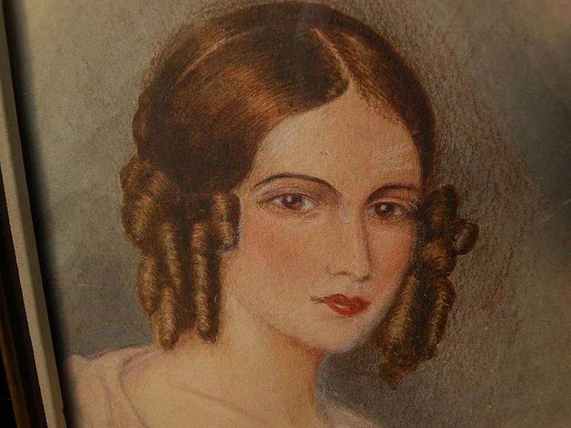 Circa 1840 fine European watercolor portrait painting of attractive young woman
