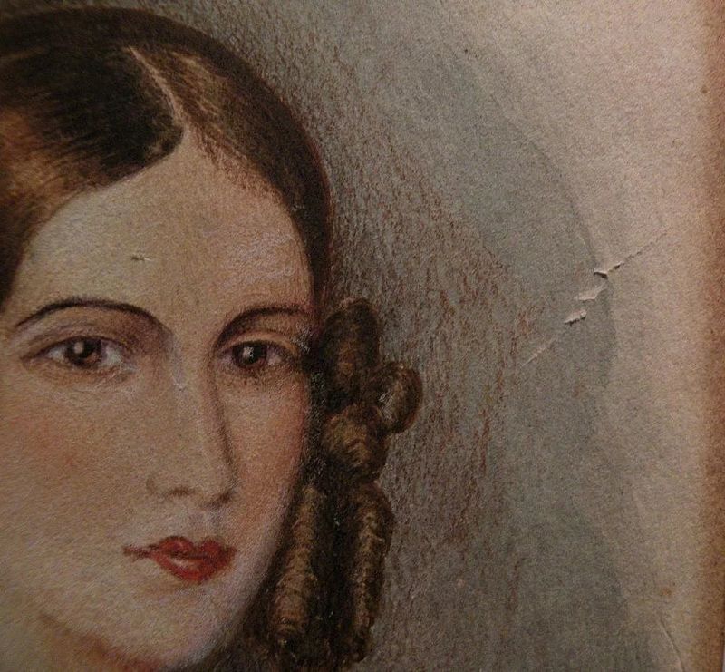 Circa 1840 fine European watercolor portrait painting of attractive young woman