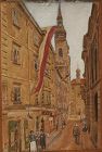 Austrian art signed watercolor street scene painting dated 1917