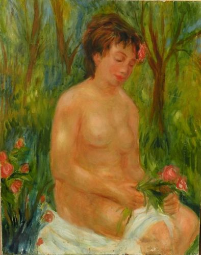 GREGORY FRANK HARRIS (1953-) impressionist painting of young nude by noted American contemporary artist
