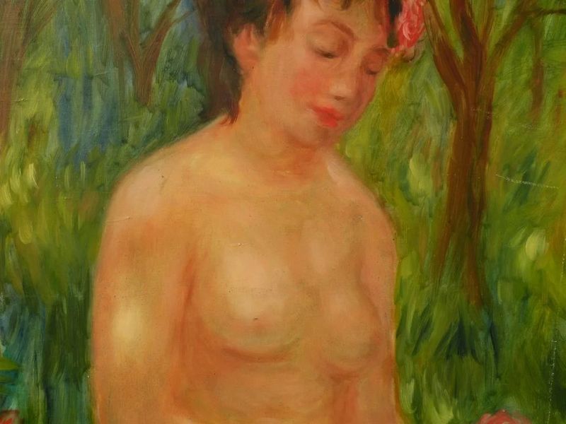 GREGORY FRANK HARRIS (1953-) impressionist painting of young nude by noted American contemporary artist