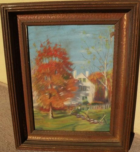 Pastel drawing of New England autumn landscape signed