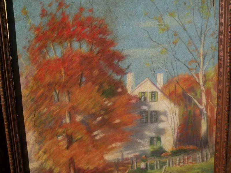 Pastel drawing of New England autumn landscape signed