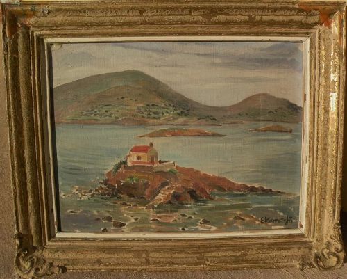 Greek art signed impressionist painting of coastal islands