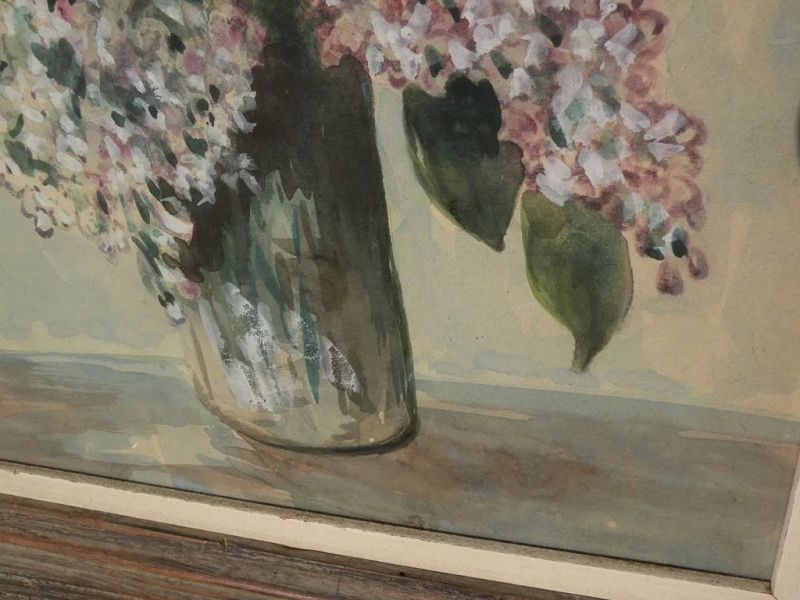 Watercolor and gouache painting of lilacs in a vase