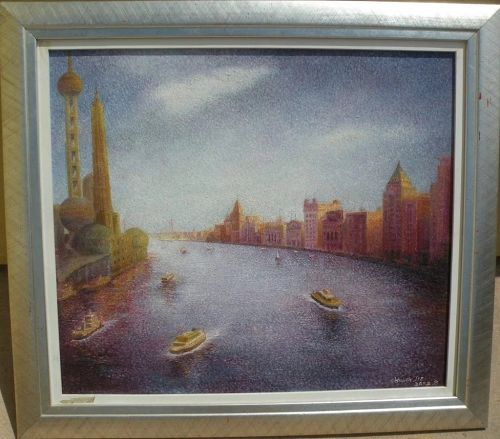 Chinese signed contemporary impressionist painting of Shanghai with pointillist technique