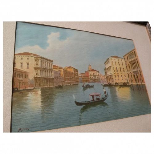 Italian circa 1900 watercolor of Venice canal  with gondola
