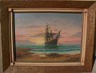 American marine art signed mid century painting of a clipper ship near a beach at sunset
