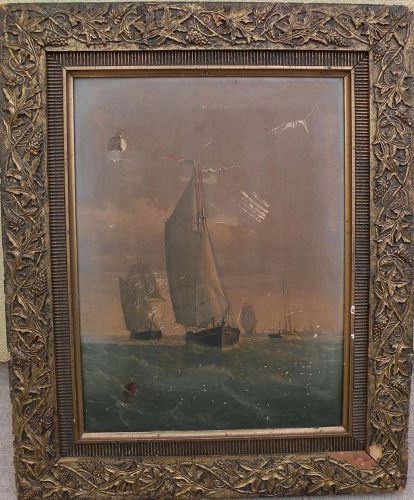 Antique American Victorian frame with chromolithograph of marine scene by George Curtis (1826-1881)