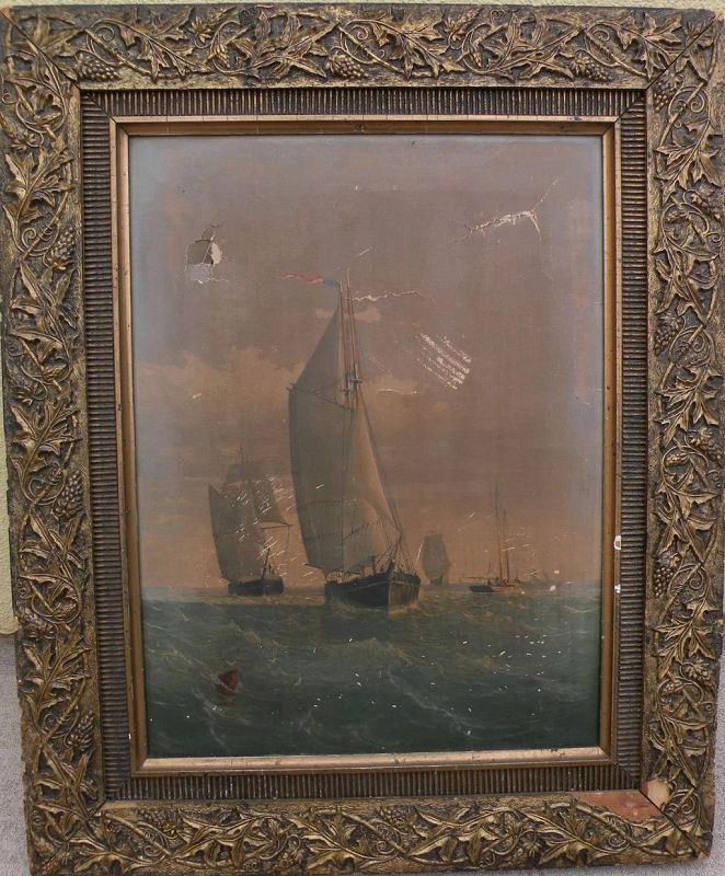 Antique American Victorian frame with chromolithograph of marine scene by George Curtis (1826-1881)