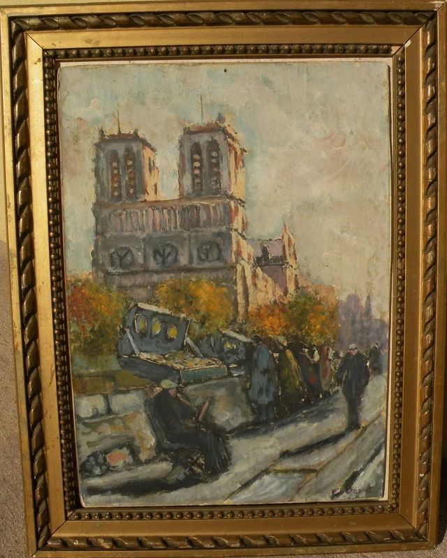 Impressionist Paris painting of booksellers by the Seine signed Bigot