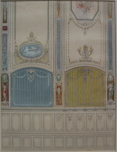 REINHOLD VOLKEL (1873-1938) fine original watercolor and gouache drawing of elegant parlor wall details