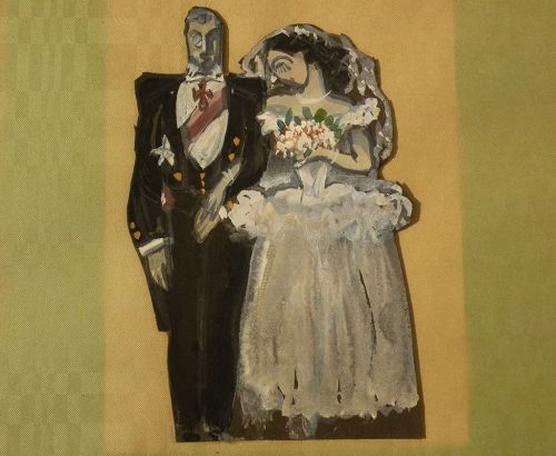 Painted cut-out image of married couple