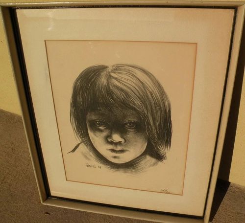 MAURICE MERLIN (1909-1947) original lithograph print of young girl 1939 by listed Midwest and California American Scene artist