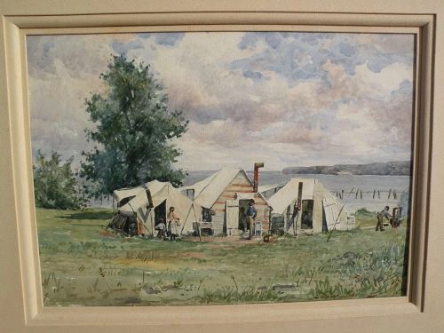 19th century American watercolor coastal camp with African-American figures