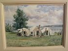 19th century American watercolor coastal camp with African-American figures