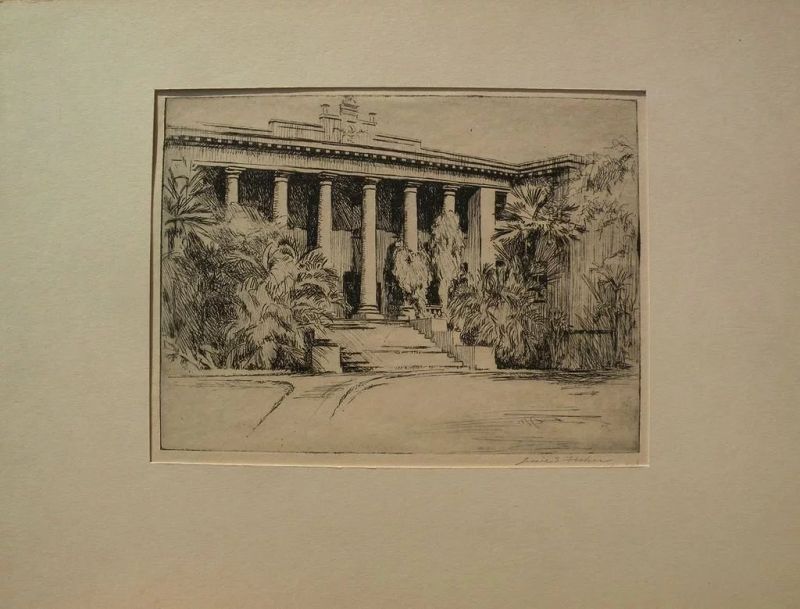 JESSIE SHAW FISHER (1877-after 1942) scarce early Hawaiian art pencil signed etching &quot;Hawaii Hall&quot;