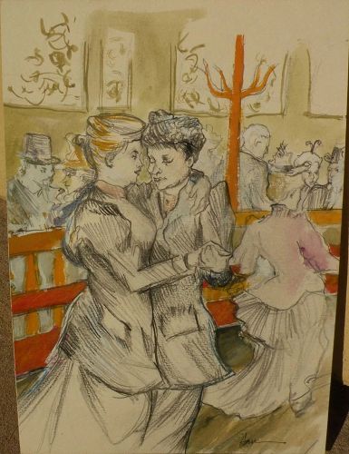 Signed watercolor and pencil drawing of women after Grosz and Toulouse Lautrec
