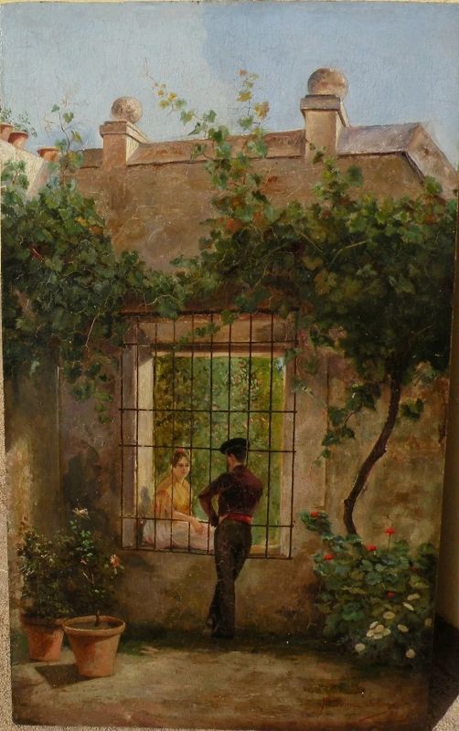 F. GOMEZ SOLANO (19th century Spain) antique oil on panel painting of flirting couple