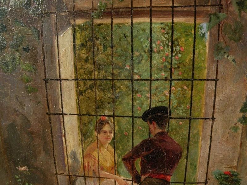 F. GOMEZ SOLANO (19th century Spain) antique oil on panel painting of flirting couple