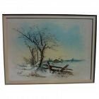 Pastel antique drawing of snowy winter landscape