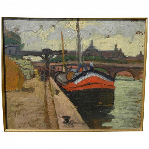 ERVIN KORMENDI-FRIM (1885-1939) post-impressionist painting of boat at river dock by Hungarian master artist