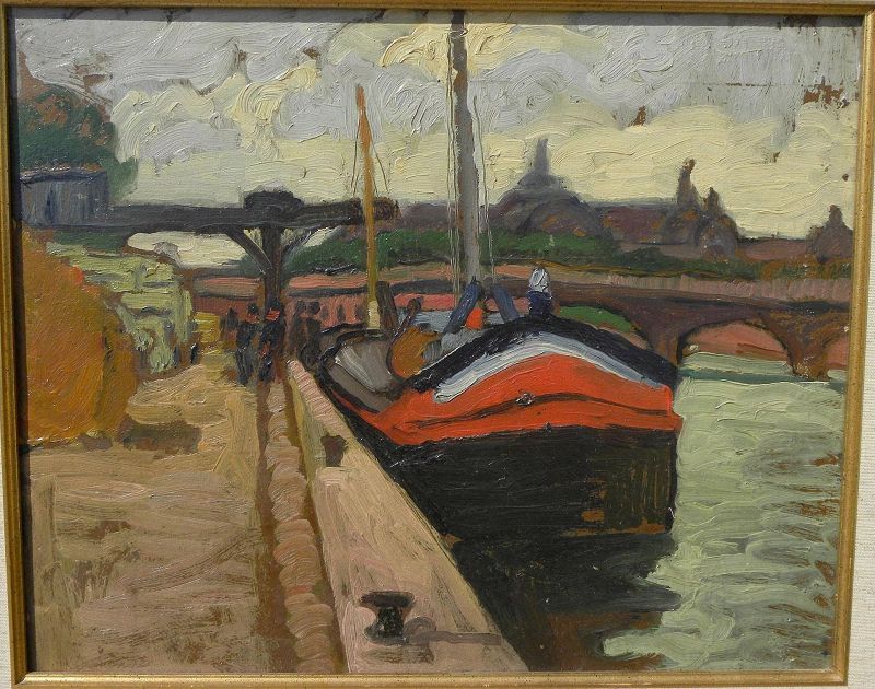 ERVIN KORMENDI-FRIM (1885-1939) post-impressionist painting of boat at river dock by Hungarian master artist
