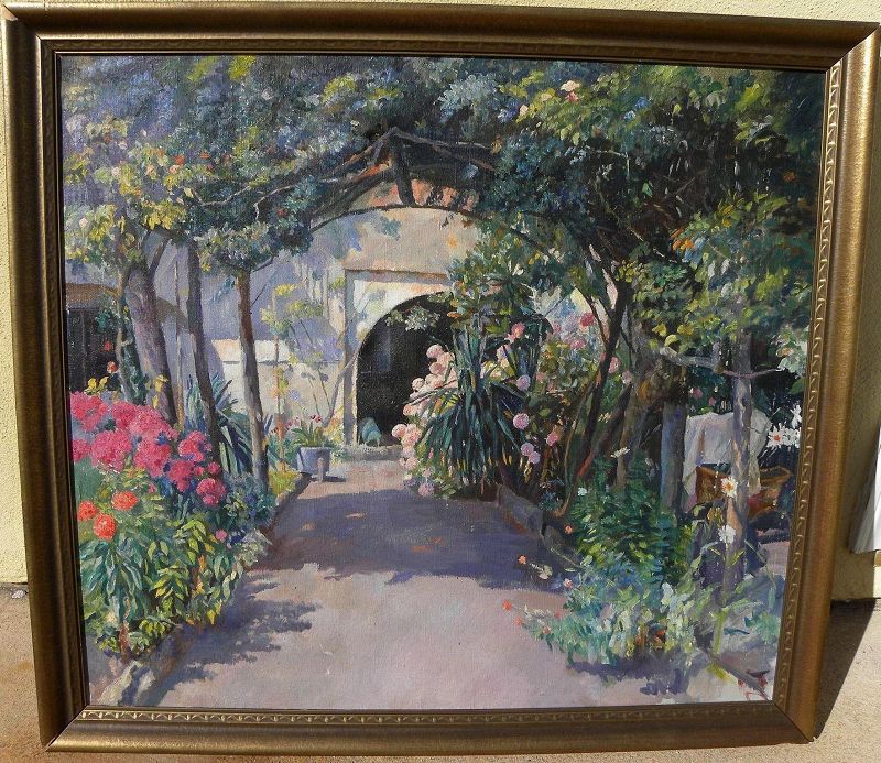 JOSE SANZ Y ARIZMENDI (1885-1929) impressionist 1928 painting of Swiss garden by well listed Spanish artist
