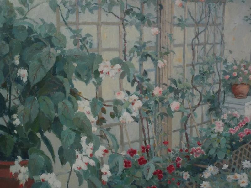 Impressionist signed contemporary painting of a garden trellis and patio