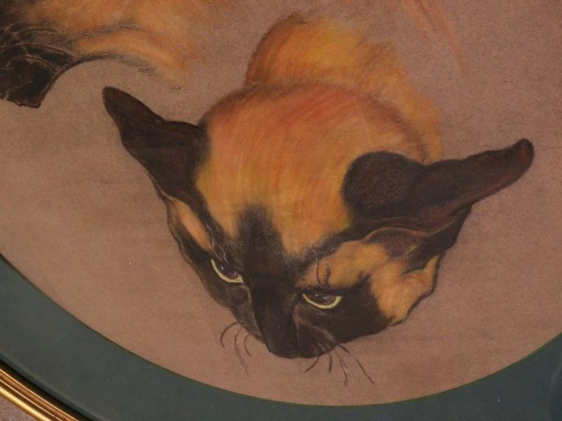 Vintage large pastel drawing of cats in round frame