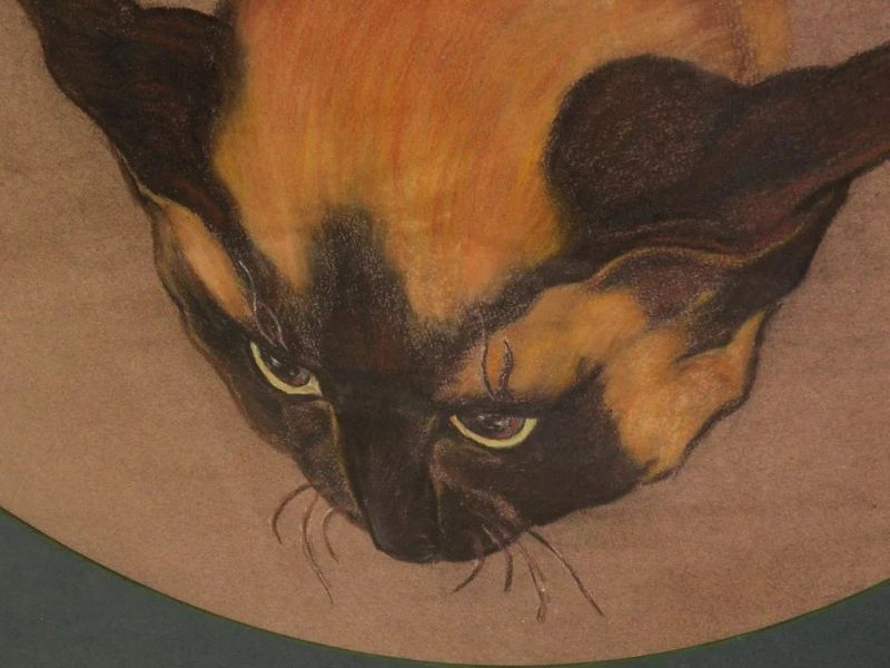 Vintage large pastel drawing of cats in round frame