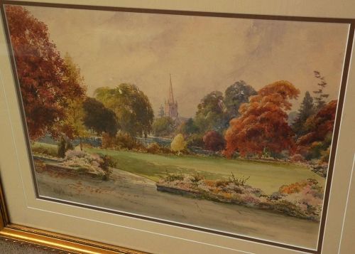 Antique English watercolor autumn landscape painting of scene in Stratford upon Avon