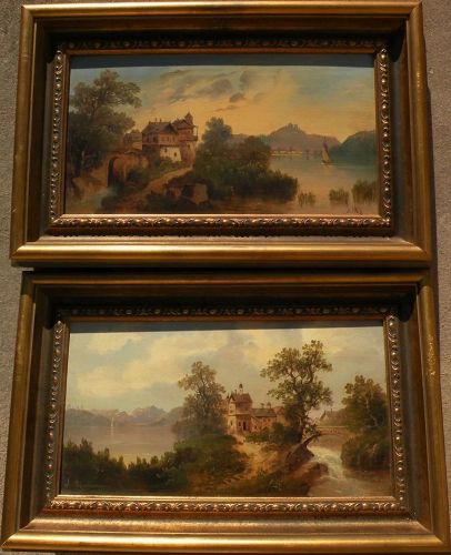 German 19th century art PAIR signed landscape paintings on beveled wood panels
