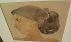 Contemporary signed watercolor painting of a young woman in profile