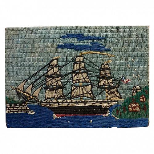 Folk art woolie needlework picture of clipper ship