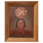 Southwestern art whimsical signed painting of Native American woman balancing pot on head