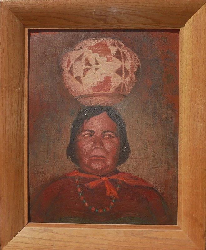 Southwestern art whimsical signed painting of Native American woman balancing pot on head