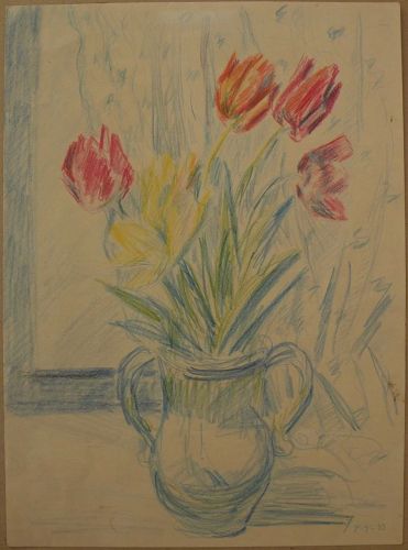 Impressionist yet modern signed crayon still life drawing tulips in a vase dated 1983