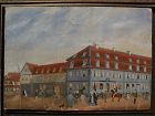 German art circa 1850 charming antique gouache drawing of a town with figures and buildings